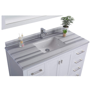 LAVIVA Wilson 313ANG-48W-WS 48" Single Bathroom Vanity in White with White Stripes Marble, White Rectangle Sink, Countertop Closeup