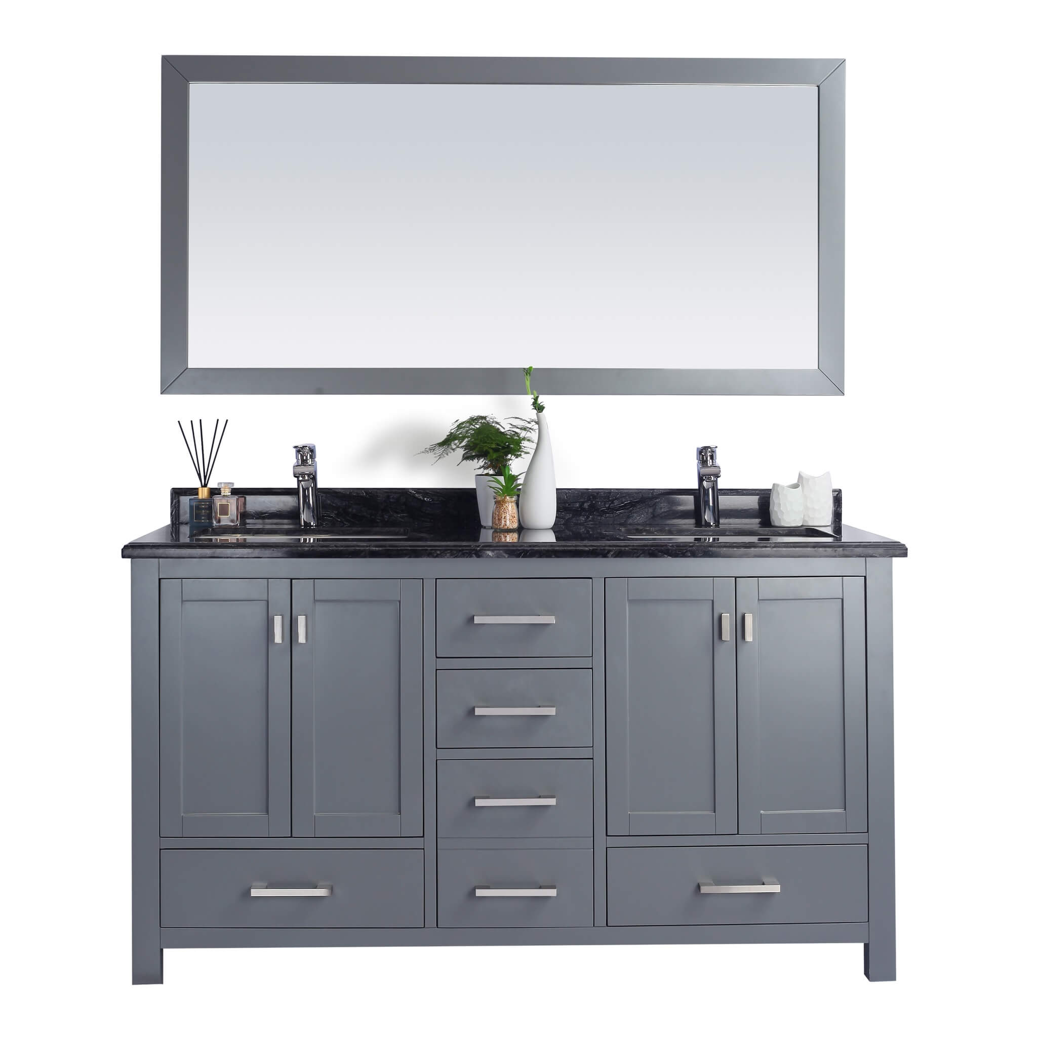 LAVIVA Wilson 313ANG-60G-BW 60" Double Bathroom Vanity in Grey with Black Wood Marble, White Rectangle Sinks, Front View