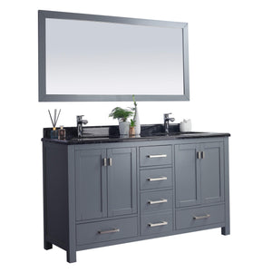 LAVIVA Wilson 313ANG-60G-BW 60" Double Bathroom Vanity in Grey with Black Wood Marble, White Rectangle Sinks, Angled View