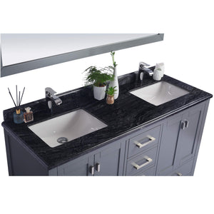 LAVIVA Wilson 313ANG-60G-BW 60" Double Bathroom Vanity in Grey with Black Wood Marble, White Rectangle Sinks, Countertop Closeup