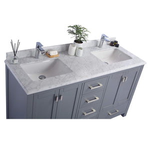 LAVIVA Wilson 313ANG-60G-WC 60" Double Bathroom Vanity in Grey with White Carrara Marble, White Rectangle Sinks, Countertop Closeup
