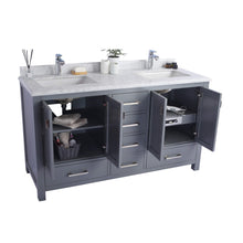 Load image into Gallery viewer, LAVIVA Wilson 313ANG-60G-WC 60&quot; Double Bathroom Vanity in Grey with White Carrara Marble, White Rectangle Sinks, Open Doors and Outlets on Right Side