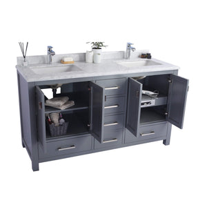 LAVIVA Wilson 313ANG-60G-WC 60" Double Bathroom Vanity in Grey with White Carrara Marble, White Rectangle Sinks, Open Doors and Outlets on Right Side