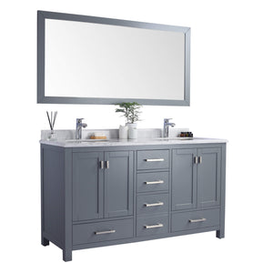 LAVIVA Wilson 313ANG-60G-WC 60" Double Bathroom Vanity in Grey with White Carrara Marble, White Rectangle Sinks, Angled View