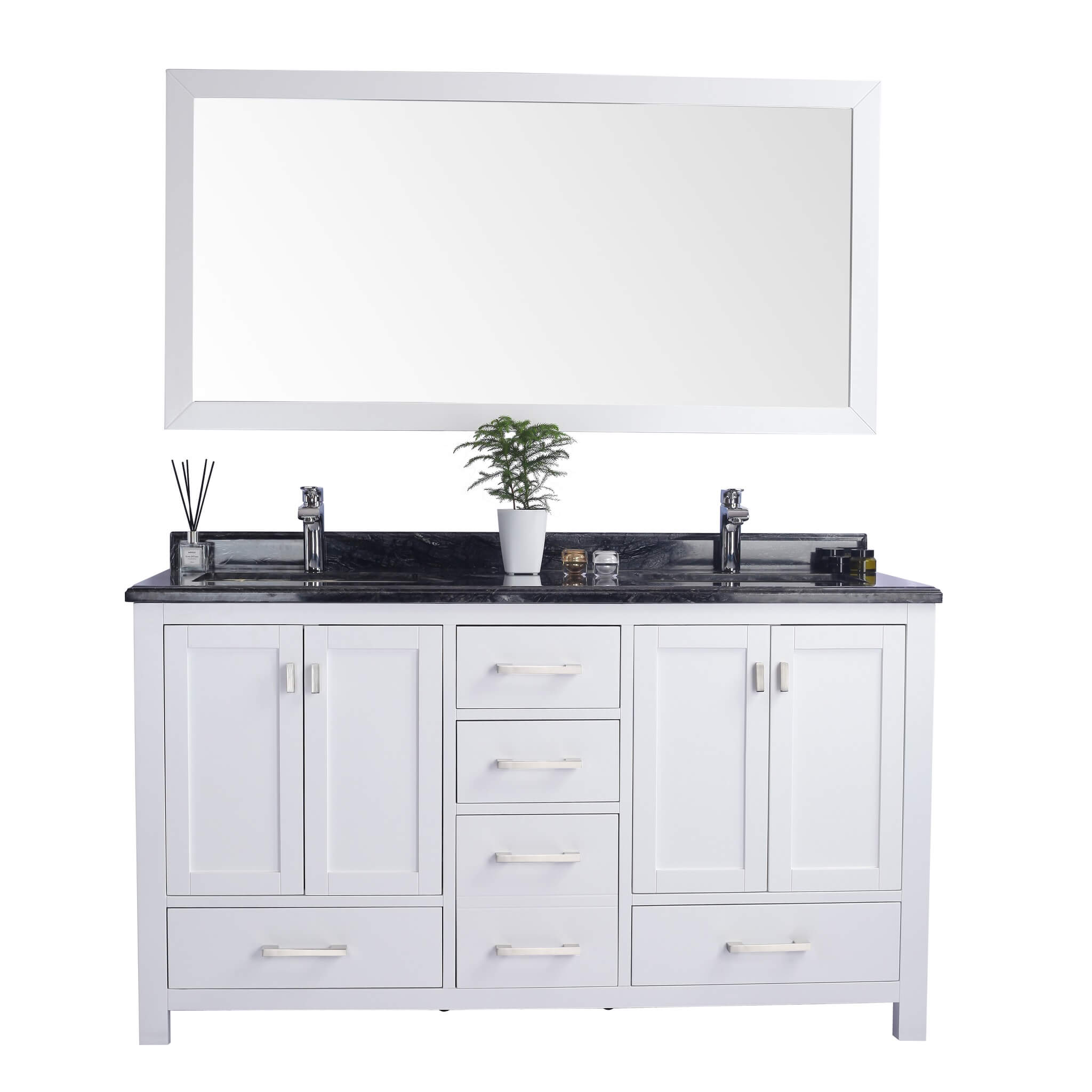 LAVIVA Wilson 313ANG-60W-BW 60" Double Bathroom Vanity in White with Black Wood Marble, White Rectangle Sinks, Front View