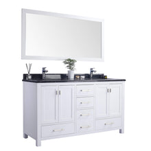 Load image into Gallery viewer, LAVIVA Wilson 313ANG-60W-BW 60&quot; Double Bathroom Vanity in White with Black Wood Marble, White Rectangle Sinks, Angled View