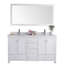 Load image into Gallery viewer, LAVIVA Wilson 313ANG-60W-WC 60&quot; Double Bathroom Vanity in White with White Carrara Marble, White Rectangle Sinks, Front View