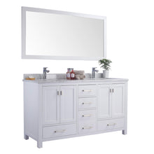 Load image into Gallery viewer, LAVIVA Wilson 313ANG-60W-WC 60&quot; Double Bathroom Vanity in White with White Carrara Marble, White Rectangle Sinks, Angled View