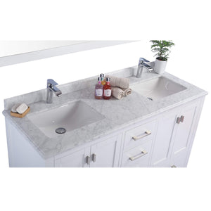 LAVIVA Wilson 313ANG-60W-WC 60" Double Bathroom Vanity in White with White Carrara Marble, White Rectangle Sinks, Countertop Closeup