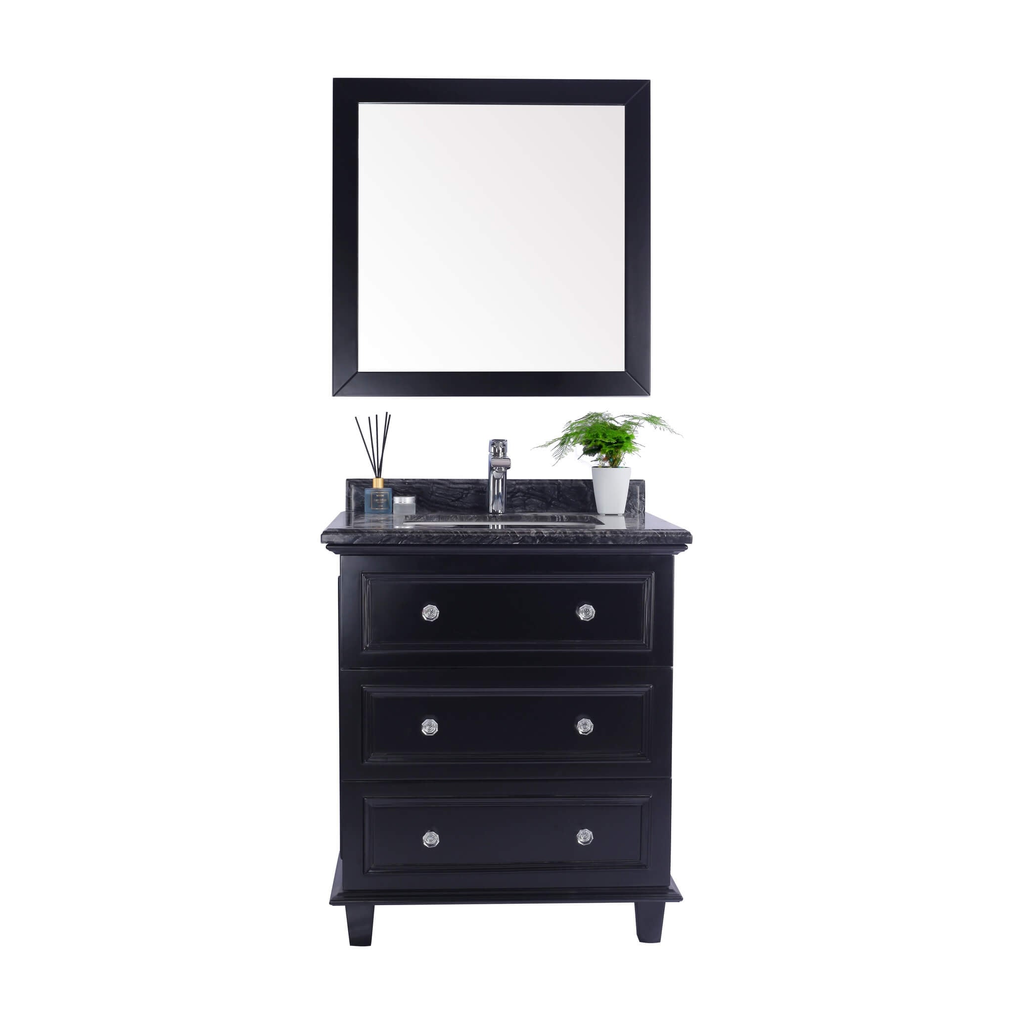 LAVIVA Luna 313DVN-30E-BW 30" Single Bathroom Vanity in Espresso with Black Wood Marble, White Rectangle Sink, Front View