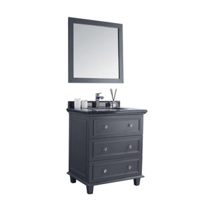 LAVIVA Luna 313DVN-30G-BW 30" Single Bathroom Vanity in Maple Grey with Black Wood Marble, White Rectangle Sink, Angled View