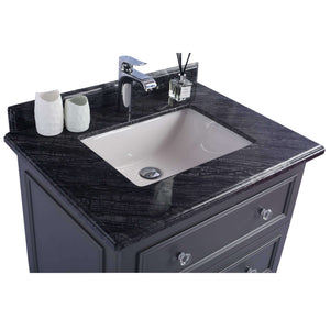 LAVIVA Luna 313DVN-30G-BW 30" Single Bathroom Vanity in Maple Grey with Black Wood Marble, White Rectangle Sink, Countertop Closeup