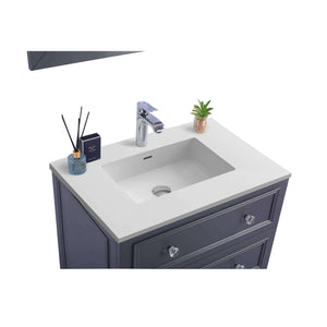 LAVIVA Luna 313DVN-30G-MW 30" Single Bathroom Vanity in Maple Grey with Matte White VIVA Stone Surface, Integrated Sink, Countertop Closeup