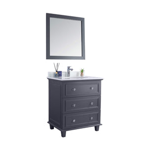 LAVIVA Luna 313DVN-30G-PW 30" Single Bathroom Vanity in Maple Grey with Pure White Phoenix Stone, White Oval Sink, Angled View