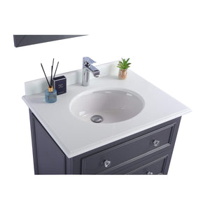 LAVIVA Luna 313DVN-30G-PW 30" Single Bathroom Vanity in Maple Grey with Pure White Phoenix Stone, White Oval Sink, Countertop Closeup