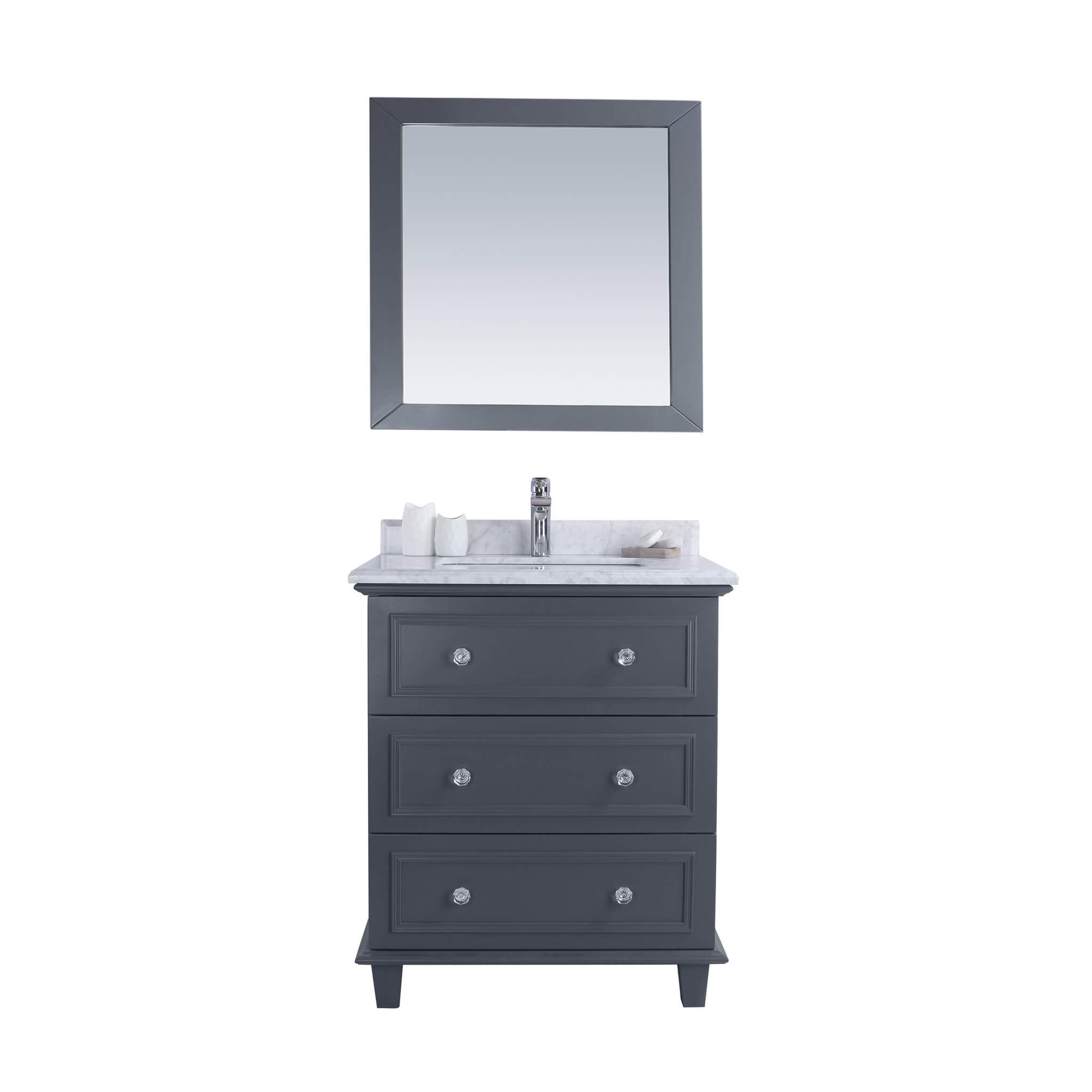 LAVIVA Luna 313DVN-30G-WC 30" Single Bathroom Vanity in Maple Gray with White Carrara Marble, White Rectangle Sink, Front View
