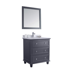 LAVIVA Luna 313DVN-30G-WC 30" Single Bathroom Vanity in Maple Gray with White Carrara Marble, White Rectangle Sink, Angled View