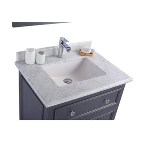 LAVIVA Luna 313DVN-30G-WC 30" Single Bathroom Vanity in Maple Gray with White Carrara Marble, White Rectangle Sink, Countertop Closeup