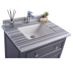 LAVIVA Luna 313DVN-30G-WS 30" Single Bathroom Vanity in Maple Grey with White Stripes Marble, White Rectangle Sink, Countertop Closeup
