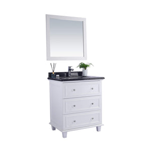 LAVIVA Luna 313DVN-30W-BW 30" Single Bathroom Vanity in White with Black Wood Marble, White Rectangle Sink, Angled View