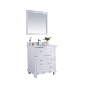 LAVIVA Luna 313DVN-30W-PW 30" Single Bathroom Vanity in White with Pure White Phoenix Stone, White Oval Sink, Angled View