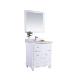 LAVIVA Luna 313DVN-30W-WC 30" Single Bathroom Vanity in White with White Carrara Marble, White Rectangle Sink, Angled View