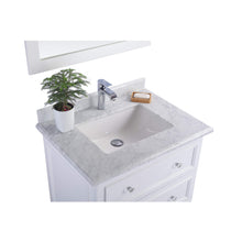 Load image into Gallery viewer, LAVIVA Luna 313DVN-30W-WC 30&quot; Single Bathroom Vanity in White with White Carrara Marble, White Rectangle Sink, Countertop Closeup