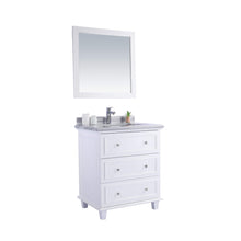 Load image into Gallery viewer, LAVIVA Luna 313DVN-30W-WS 30&quot; Single Bathroom Vanity in White with White Stripes Marble, White Rectangle Sink, Angled View