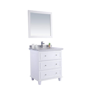 LAVIVA Luna 313DVN-30W-WS 30" Single Bathroom Vanity in White with White Stripes Marble, White Rectangle Sink, Angled View