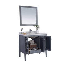 Load image into Gallery viewer, LAVIVA Mediterraneo 313MKSH-36G-WC 36&quot; Single Bathroom Vanity in Grey with White Carrara Marble, White Rectangle Sink, Open Doors and Drawer