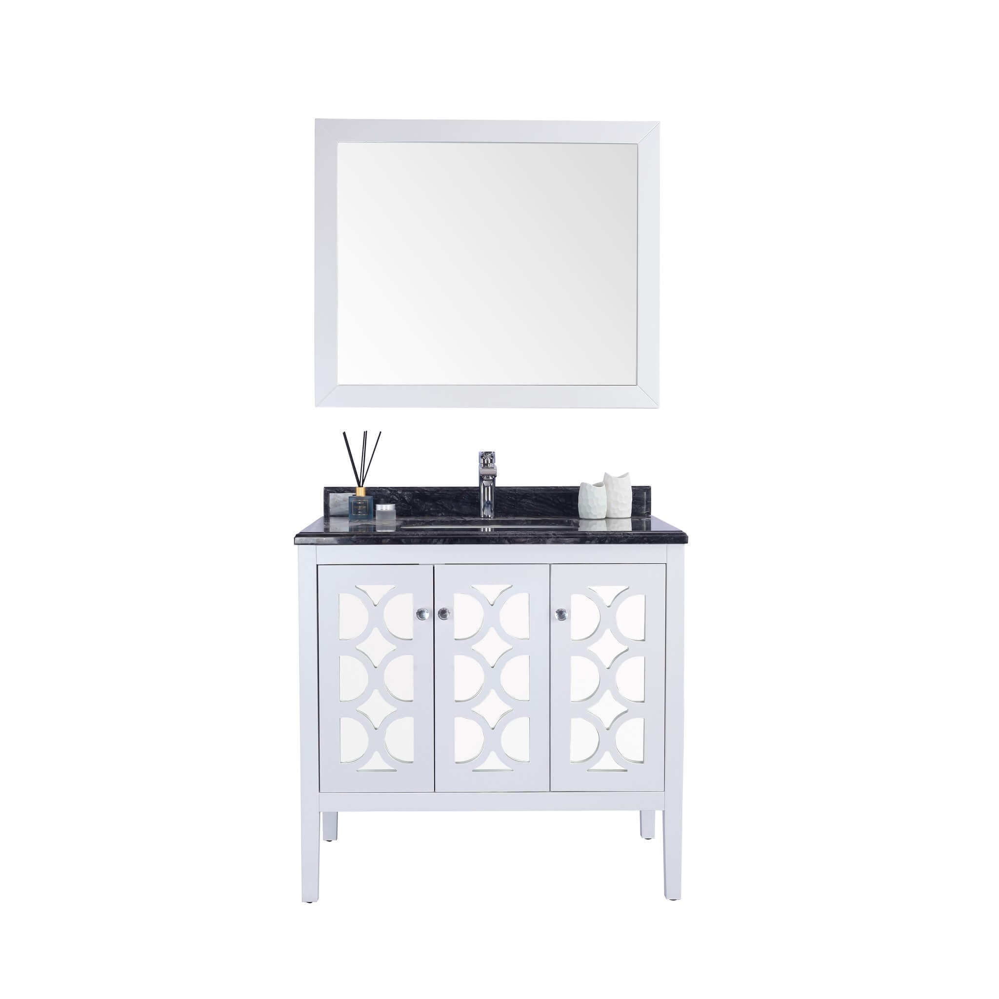 LAVIVA Mediterraneo 313MKSH-36W-BW 36" Single Bathroom Vanity in White with Black Wood Marble, White Rectangle Sink, Front View