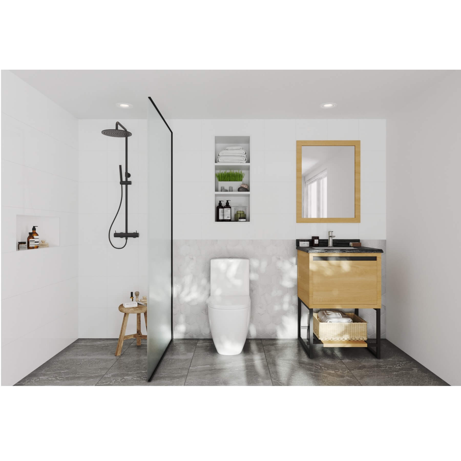 LAVIVA Alto 313SMR-24CO-BW 24" Single Bathroom Vanity in California White Oak with Black Wood Marble, White Rectangle Sink, Rendered Bathroom View