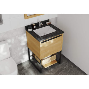 LAVIVA Alto 313SMR-24CO-BW 24" Single Bathroom Vanity in California White Oak with Black Wood Marble, White Rectangle Sink, Rendered Angled View