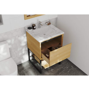 LAVIVA Alto 313SMR-24CO-WC 24" Single Bathroom Vanity in California White Oak with White Carrara Marble, White Rectangle Sink, Rendered Open Drawers