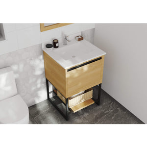LAVIVA Alto 313SMR-24CO-WQ 24" Single Bathroom Vanity in California White Oak with White Quartz, White Rectangle Sink, Rendered Angled View