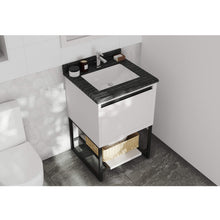 Load image into Gallery viewer, LAVIVA Alto 313SMR-24W-BW 24&quot; Single Bathroom Vanity in White with Black Wood Marble, White Rectangle Sink, Angled Rendered Bathroom View