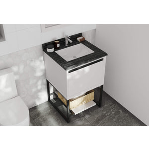LAVIVA Alto 313SMR-24W-BW 24" Single Bathroom Vanity in White with Black Wood Marble, White Rectangle Sink, Angled Rendered Bathroom View