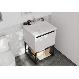 LAVIVA Alto 313SMR-24W-MW 24" Single Bathroom Vanity in White with Matte White VIVA Stone Surface, Integrated Sink, Angled Rendered Bathroom View