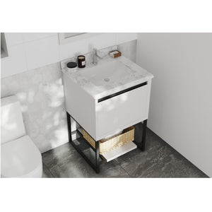 LAVIVA Alto 313SMR-24W-WC 24" Single Bathroom Vanity in White with White Carrara Marble, White Rectangle Sink, Angled Rendered Bathroom View