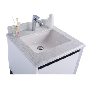 LAVIVA Alto 313SMR-24W-WC 24" Single Bathroom Vanity in White with White Carrara Marble, White Rectangle Sink, Countertop Closeup