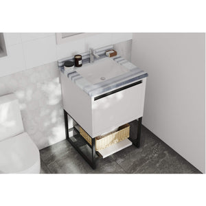 LAVIVA Alto 313SMR-24W-WS 24" Single Bathroom Vanity in White with White Stripes Marble, White Rectangle Sink, Angled Rendered Bathroom View