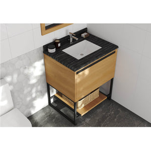 LAVIVA Alto 313SMR-30CO-BW 30" Single Bathroom Vanity in California White Oak with Black Wood Marble, White Rectangle Sink, Rendered Angled View