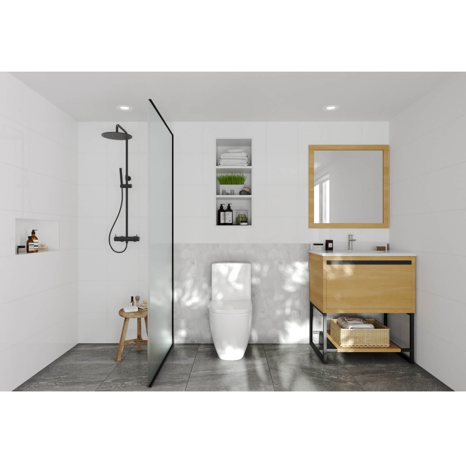 LAVIVA Alto 313SMR-30CO-PW 30" Single Bathroom Vanity in California White Oak with Pure White Phoenix Stone, White Oval Sink, Rendered Bathroom View