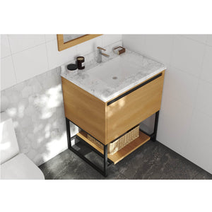 LAVIVA Alto 313SMR-30CO-WC 30" Single Bathroom Vanity in California White Oak with White Carrara Marble, White Rectangle Sink, Rendered Angled View