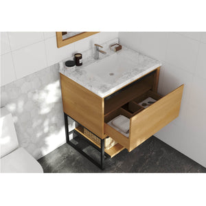 LAVIVA Alto 313SMR-30CO-WC 30" Single Bathroom Vanity in California White Oak with White Carrara Marble, White Rectangle Sink, Rendered Open Drawers