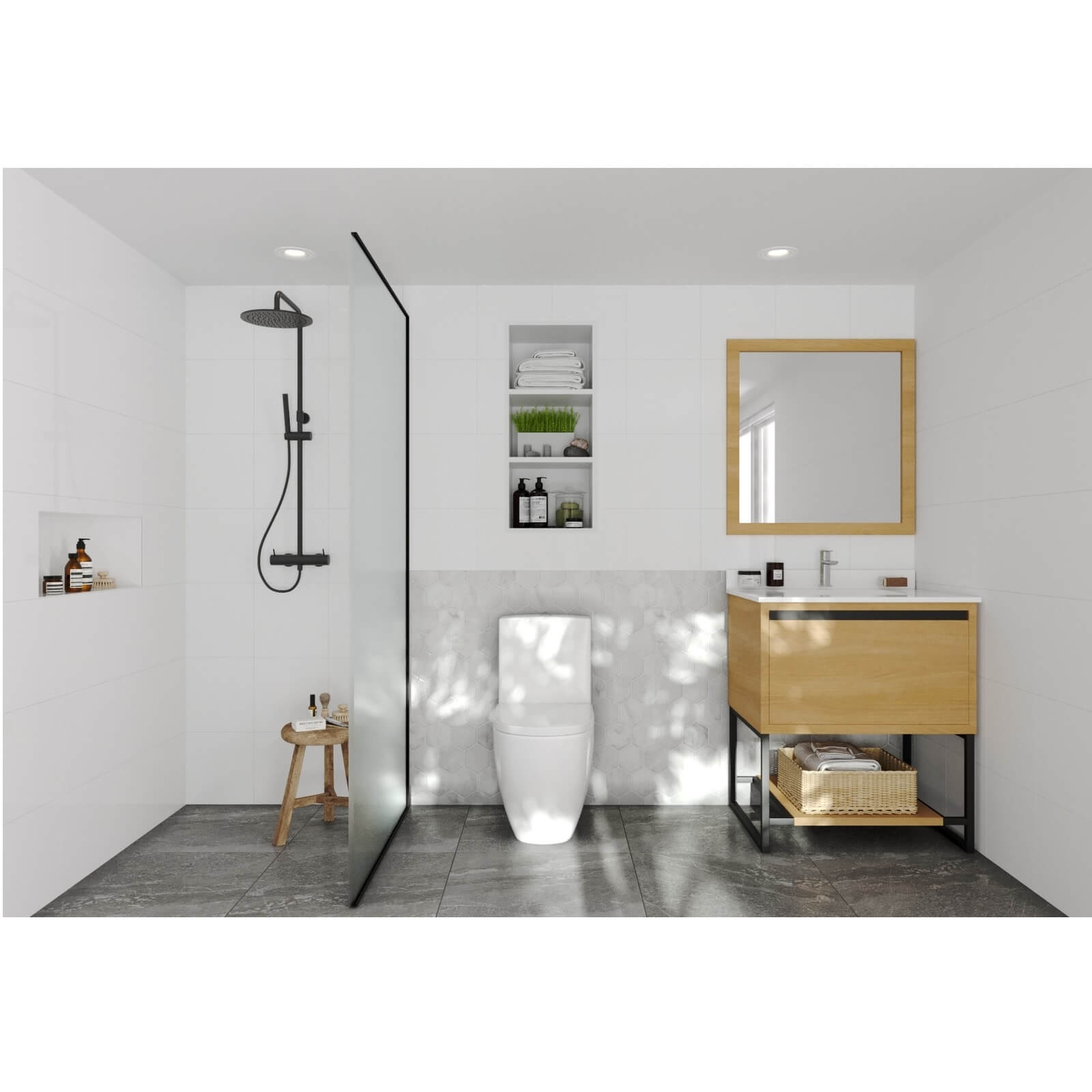 LAVIVA Alto 313SMR-30CO-WQ 30" Single Bathroom Vanity in California White Oak with White Quartz, White Rectangle Sink, Rendered Bathroom View