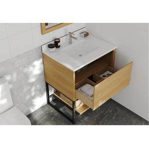 LAVIVA Alto 313SMR-30CO-WQ 30" Single Bathroom Vanity in California White Oak with White Quartz, White Rectangle Sink, Rendered Open Drawers