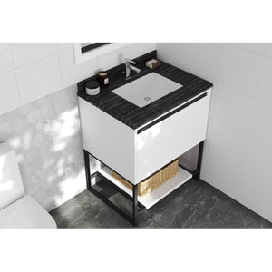 LAVIVA Alto 313SMR-30W-BW 30" Single Bathroom Vanity in White with Black Wood Marble, White Rectangle Sink, Angled Rendered Bathroom View
