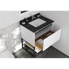 Load image into Gallery viewer, LAVIVA Alto 313SMR-30W-BW 30&quot; Single Bathroom Vanity in White with Black Wood Marble, White Rectangle Sink, Rendered Open Drawer