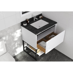 LAVIVA Alto 313SMR-30W-BW 30" Single Bathroom Vanity in White with Black Wood Marble, White Rectangle Sink, Rendered Open Drawer